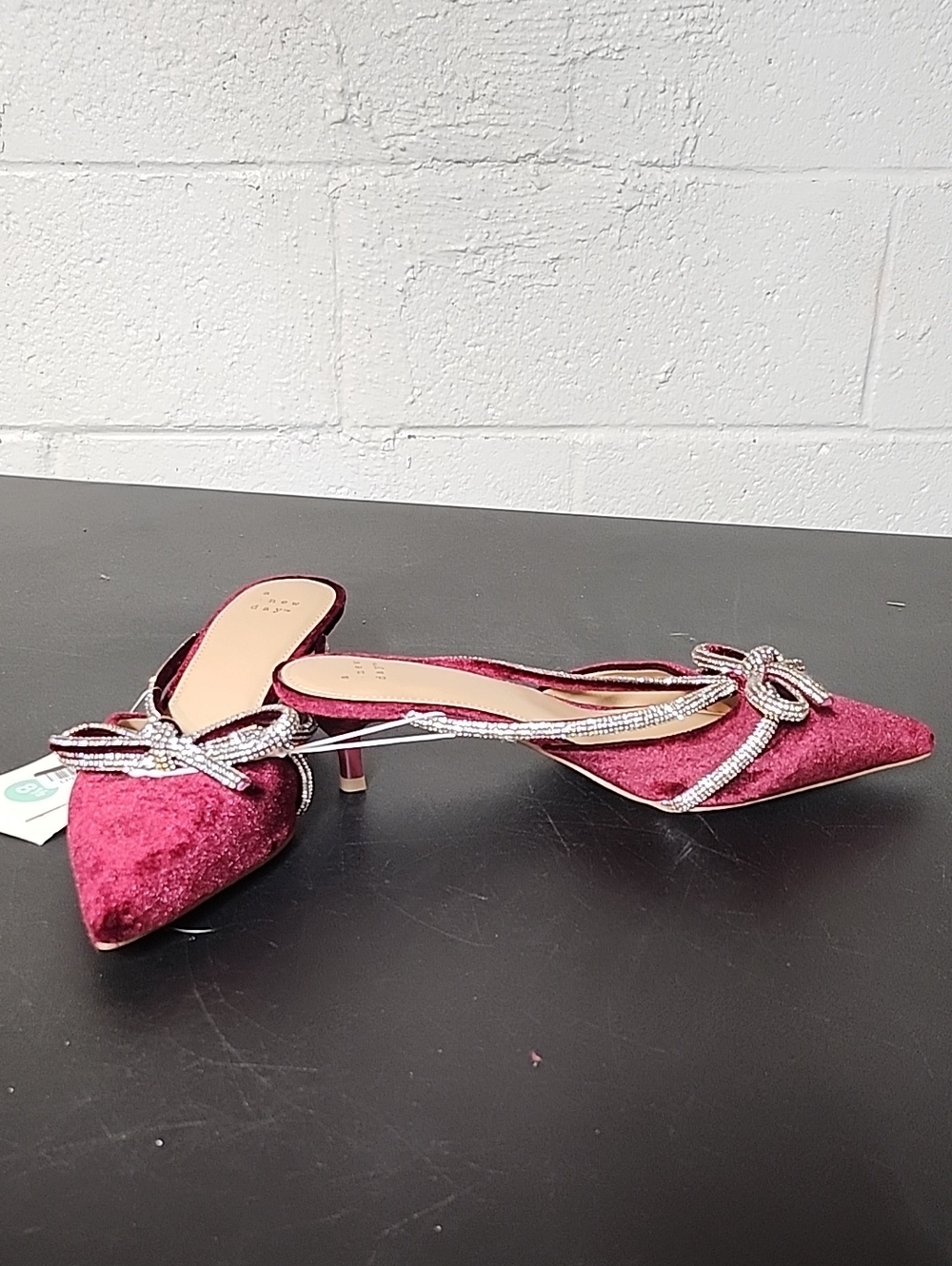 a new day Burgundy Velvet Pointed Mule Heels with Crystal Bow